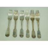 A matched set of six Victorian silver dinner forks, various makers and dates, fiddle pattern,