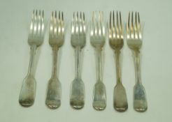 A matched set of six Victorian silver dinner forks, various makers and dates, fiddle pattern,