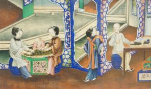 Chinese school Figures in an interior Watercolour and bodycolour 17.