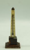A Victorian tortoiseshell veneered thermometer with ivory gauge, in the form of an obelisk,