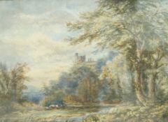 M F Thomas Landscape with castle beyond Watercolour Signed and dated 1885 lower left 28cm x 37cm