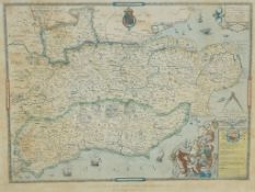 A framed print of Saxton's map of Kent, Sussex, Surrey and Middlesex, 1575; 49.5cm x 61.