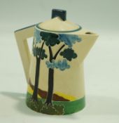 A Moorland pottery coffee pot, in Art Deco form, tube lined with trees in a landscape,