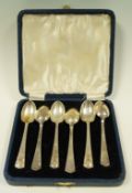 A cased set of six silver tea spoons, maker R.B.