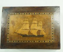 A Victorian work box, the top inlaid with a three masted ship, 11.