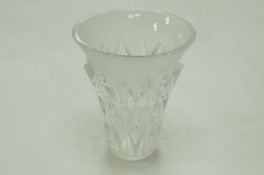 A Lalique vase of flared form with three bands of stylised leaves on an etched ground, etched marks,
