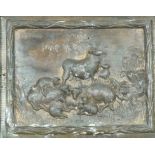 A 20th century bronze plaque of sheep in a landscape in a heavy gilt frame,