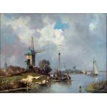 Keller, 20th century River landscape with a windmill,
