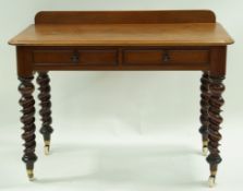 A mahogany side table with raised back above two frieze drawers on barley twist legs with brass and