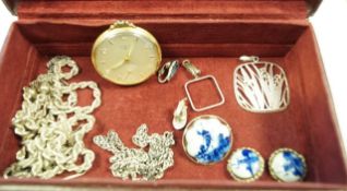 A collection of silver items including a tassle chain; a pendant; a Rotary metal pocket watch,