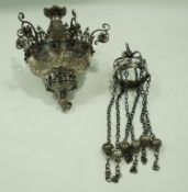 A silver plated hanging ceiling rose with coronet top suspending six chains onto scrolls set with