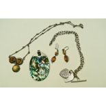 An abalone pendant, with silver coloured mounts; a silver and amber necklace and earrings,