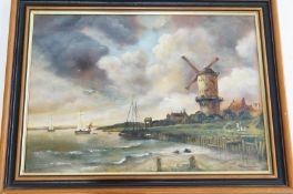 Hoskins Windmill in a coastal landscape Oil on card signed lower left 39cm x 55cms