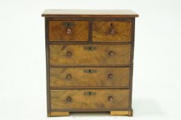 A walnut miniature chest of two short and three long drawers with turned handles 35.
