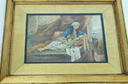 H Haywood Portrait of a lady in Indian dress reclining on a sofa. Watercolour, signed lower left.