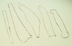 A collection of five silver chains, of differing patterns, boxed.