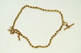 A watch chain, of wheatsheaf links, stamped '15', with a T bar and bolt ring, 40 cm long,