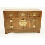 A 19th Century Chinese elm Sideboard, with 3 drawers, two cupboards and original brass fittings,