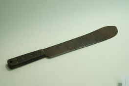 A WWII machete with a wood grip handle, stamped JJB 1943, and up facing arrow,