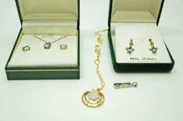 A collection of gold stone set jewellery, comprising; diamond cluster pendant on a chain,