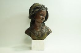A 20th Century terracotta bust of a lady, on a white marble base, 38cm high.