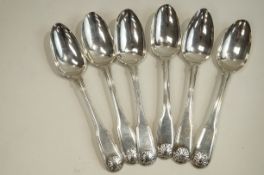 A set of six George III fiddle thread and shell table spoons, bear pseudo marks for Eley,