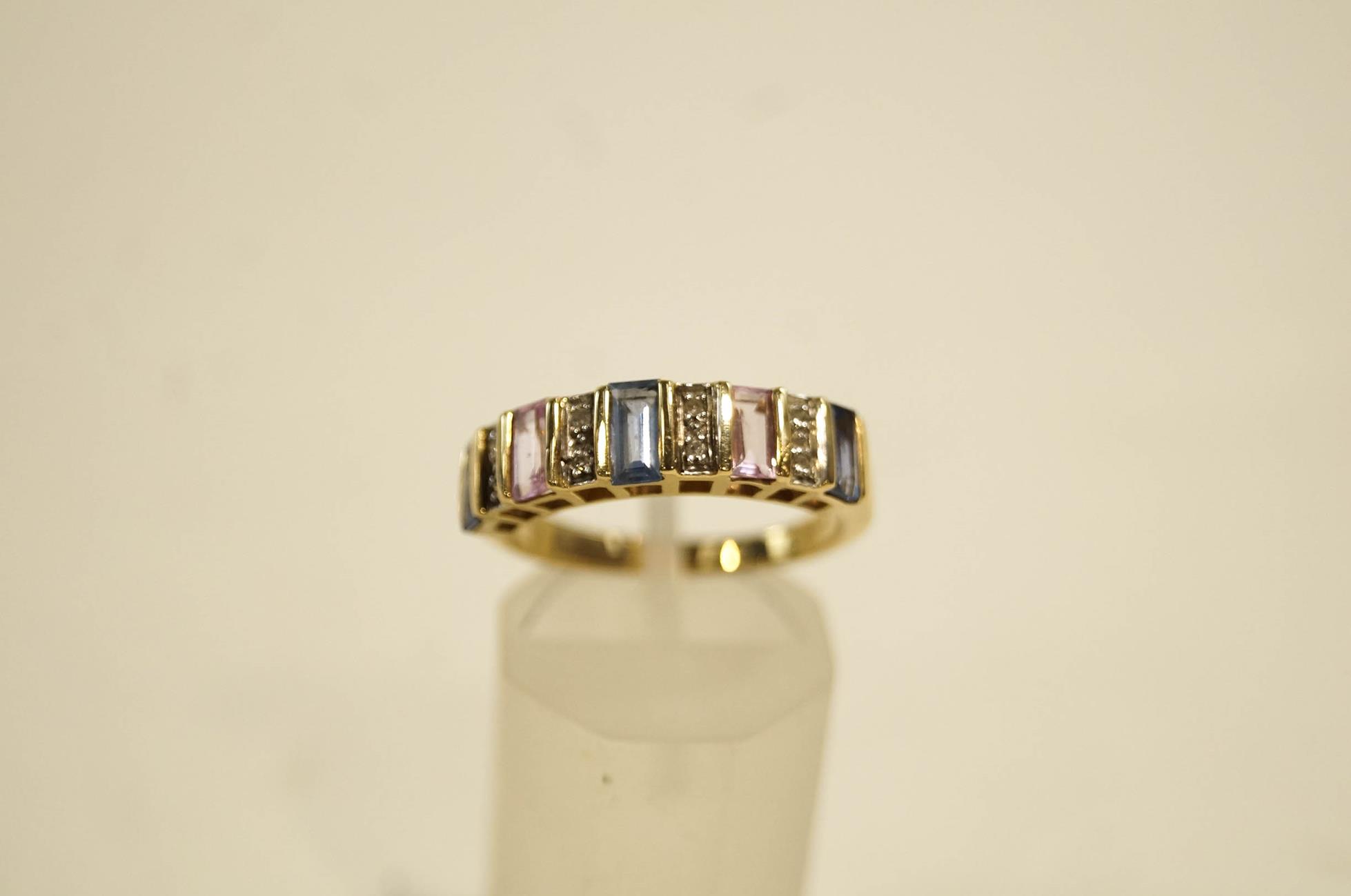 A 9 carat gold diamond, blue and pink sapphire half hoop ring, for QVC, finger size N, 3.