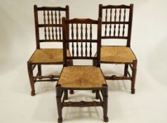 A set of six late 18th/early 19th Century Lancashire spindle-back rush seated dining chairs,