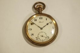 Record, an open faced pocket watch, the gilded case housing a 15 jewel Swiss keyless wound movement,