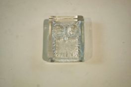 A Daum lead crystal paperweight, of block form and depicting a stylised image of an owl,