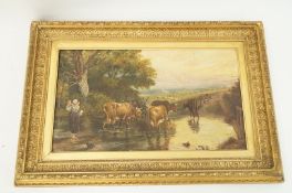 George William Mote Cattle drinking from Lake Oil on canvas (1832-1909) 35cms x 59cms.