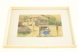 A mixed media painting of a restful harbour scene signed and dated lower right 'P Webber Oct 71' 25