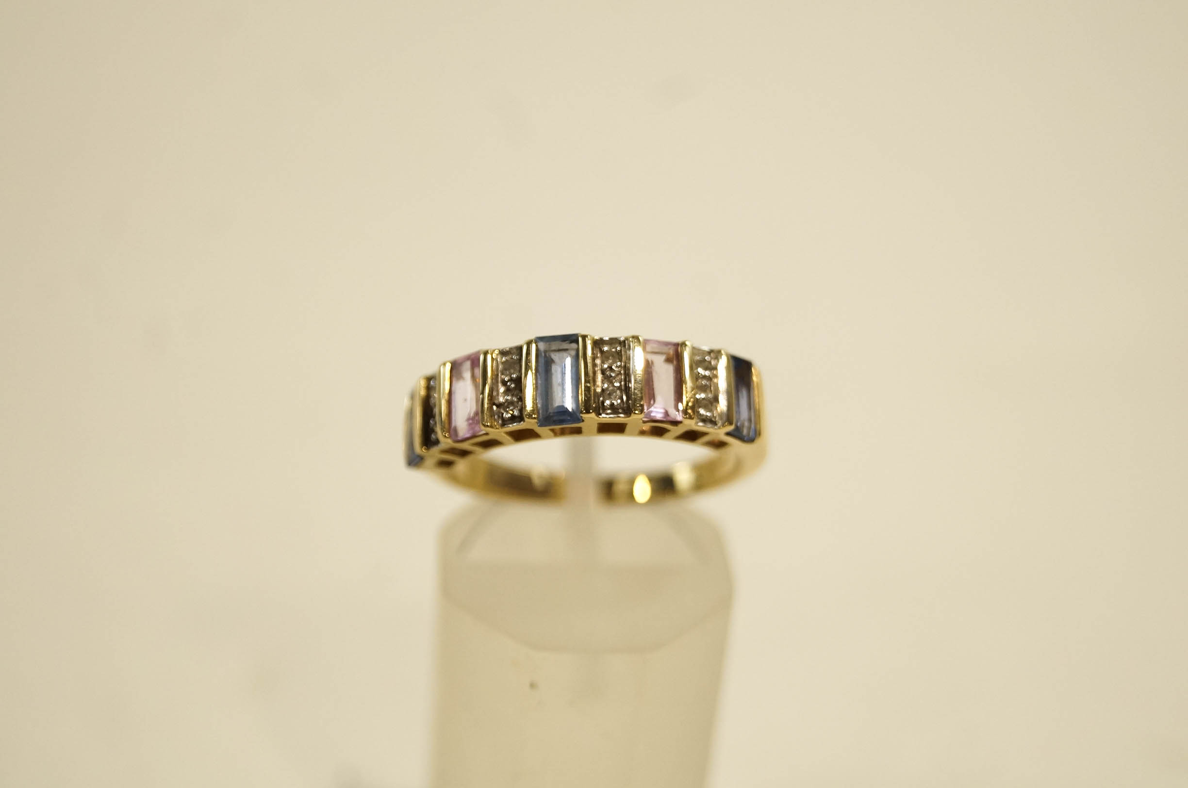 A 9 carat gold diamond, blue and pink sapphire half hoop ring, for QVC, finger size N, 3. - Image 2 of 2