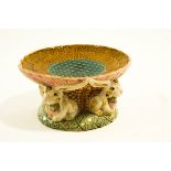 A majolica style centrepiece, modelled with four rabbits supporting a shallow bowl,