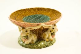 A majolica style centrepiece, modelled with four rabbits supporting a shallow bowl,