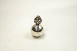 Victorian silver table lighter in the form of a flaming grenade engraved with script initials,