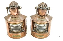 A pair of Dutch copper and brass band ships lamps, bearing 'Port' and ''Starboard' plaques.