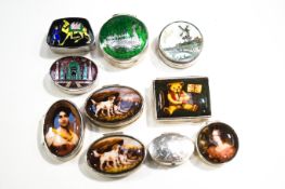 Ten various modern silver and enamel pill boxes
