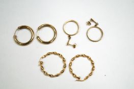 Three pairs of hallmarked 9ct gold hoop earrings, 7.