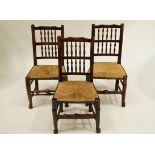 A set of six late 18th/early 19th Century Lancashire spindle-back rush seated dining chairs,