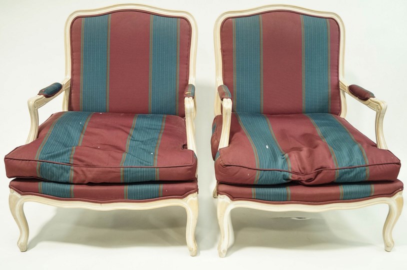 A pair of French style armchairs with limed frames and cabriole legs. - Image 2 of 3