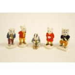 Five Beswick 'Rupert & his Friends' figures: Rupert snowballing, Rupert the Bear, Pong Ping,