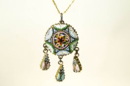 A 9 carat gold opal and sapphire cluster pendant, on a 9 carat gold chain, pendant 1.
