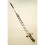 A bayonet with a brass ribbed grip, lacking scabbard,
