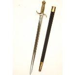 A 20th century sword with a leather and brass mounted scabbard,