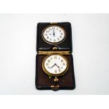 A travelling clock, white enamel dial with luminous Arabic numerals, replacement hands,