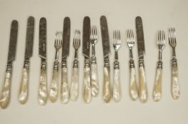 A matched set of seven Victorian fruit knives and forks, by Martin Hall & Co, Sheffield 1859/60,