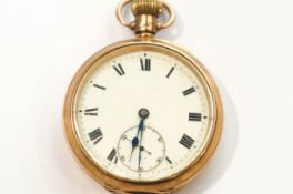 A 9 carat gold open faced pocket watch, London 1928, white enamel dial with black Roman numerals,
