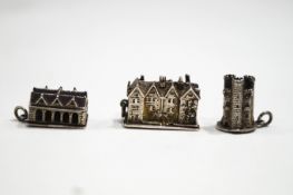 Three rare Guild of Handicrafts silver architectural charms, comprising Market Hall,