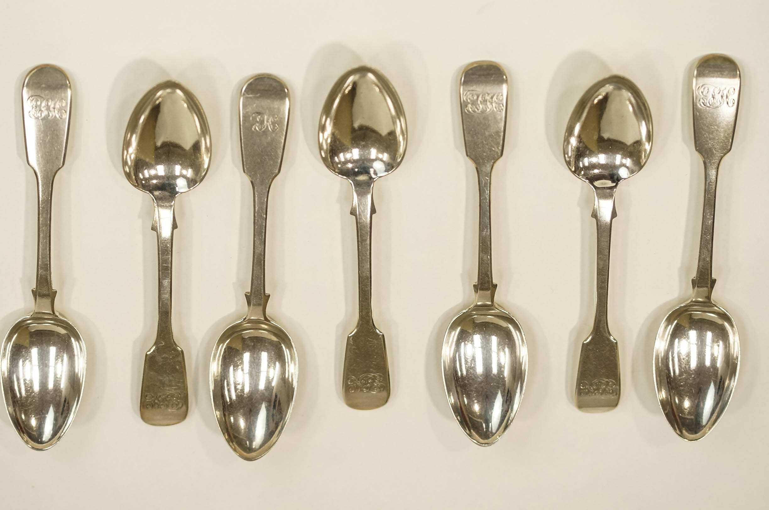 A matched set of six Victorian silver dessert spoons, by William Eley, London 1842/44,